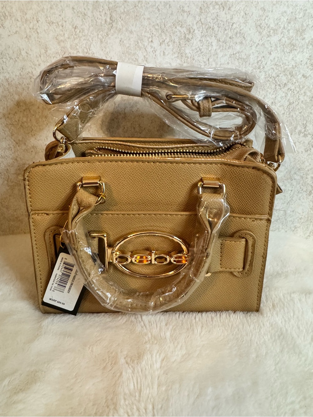bebe Beige/Tan Mini Satchel with Gold Logo Hardware